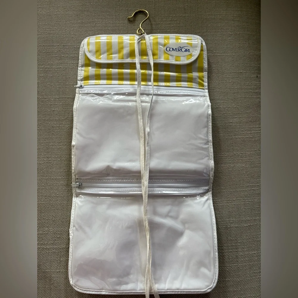 Vintage 1980s Covergirl Hanging Makeup Organizer. White and yellow stripe
